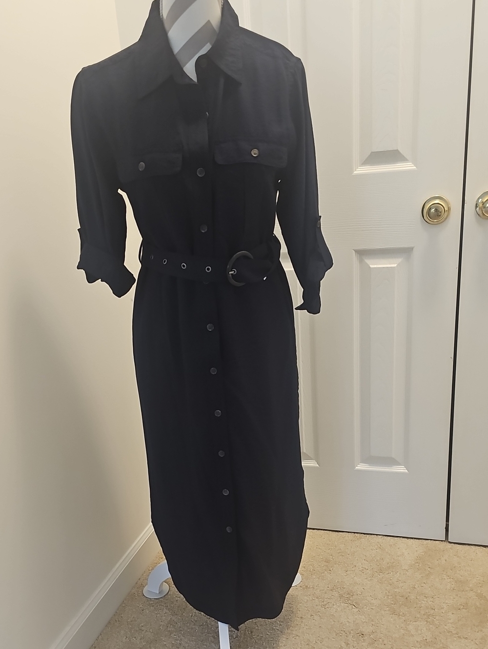 Banana Republic Navy Long Sleeve Belted Maxi Shirt Dress